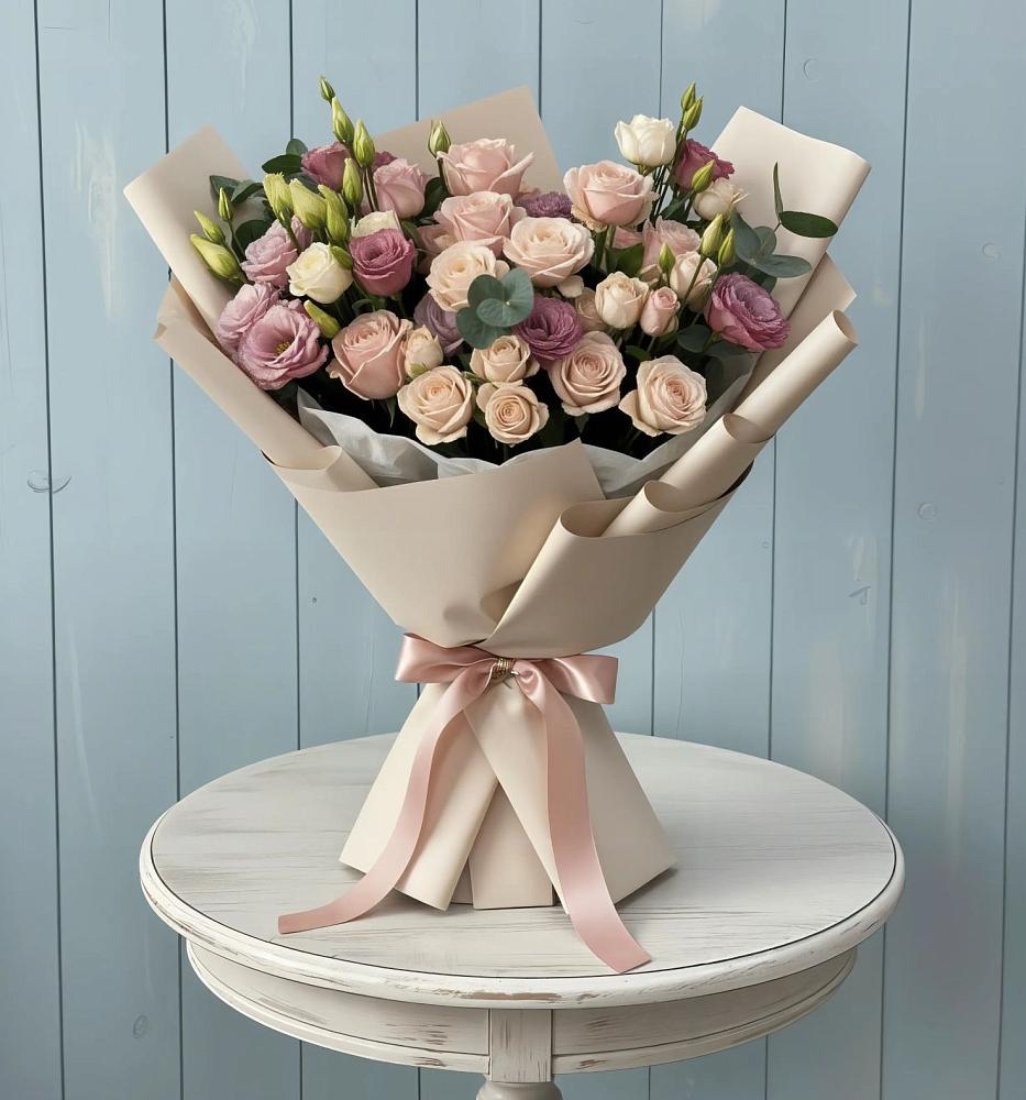 Букет цветов из: Розы и Лизиантусы в Вознесенье