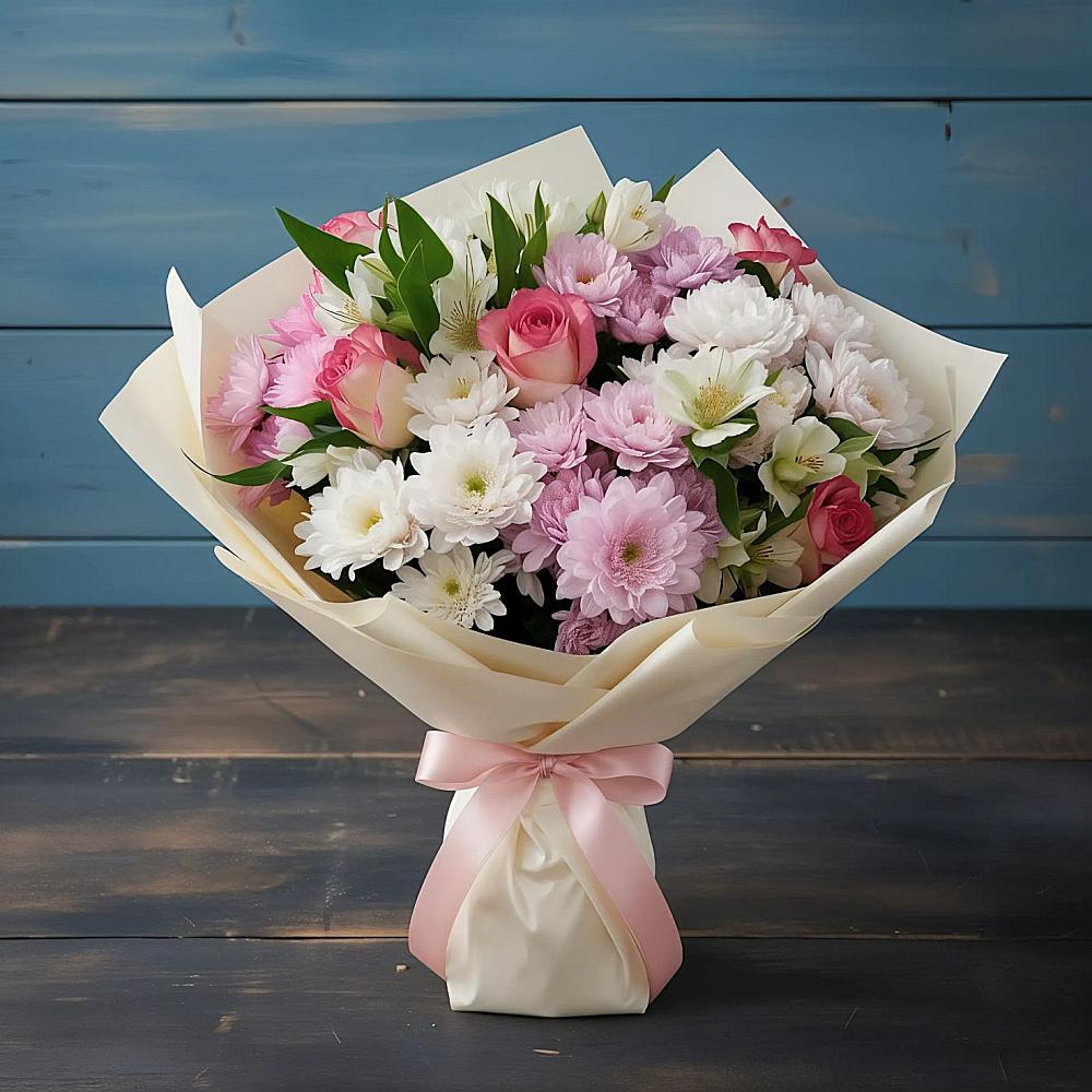 Букет цветов из: Хризантемы, Альстромерии и Розы в Вознесенье